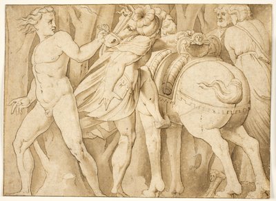 مشهد من التاريخ الروماني؟ رجل يركب حصانًا يمسكه رجل عاري بواسطة after Polidoro da Caravaggio