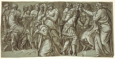 عائلة داريوس قبل الإسكندر ومشهد مع الأسرى ؛ من واجهة Palazzo Milesi بواسطة after Polidoro da Caravaggio