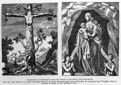 مقدمة المسيحية بين هنود مستوطنات ريفر بليت ، المستنسخة من dOvadlies Historia Relatione del Regno de Cile ، حانة. في عام 1646 ، من The Romance of the River Plate ، المجلد. أنا بواسطة المدرسة الاسبانية