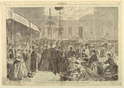 معرض كبير تم تقديمه في City Assembly Rooms ، نيويورك ، ديسمبر 1861 ، في Aid of City Poor ، من Harper's Weekly ، 28 ديسمبر 1861 ، ص 824-825. بواسطة بعد وينسلو هوميروس