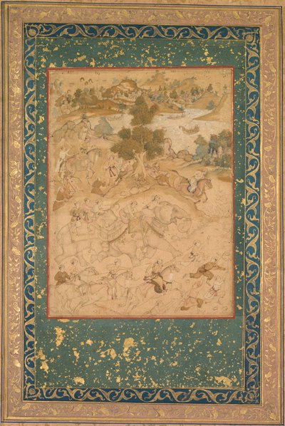 أشرف أكبر على أسر الأفيال البرية في مالوا عام 1564 ، ورسم 90 من أكبر ناما (كتاب أكبر) لأبي الفضل (هندي 1551-1602) بواسطة دانراج