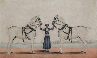 A Syce Groom يحمل اثنين من الخيول ، كاليفورنيا. 1845. بواسطة منسوبة إلى فضيلة الشيخ محمد أمير منطقة كراية.