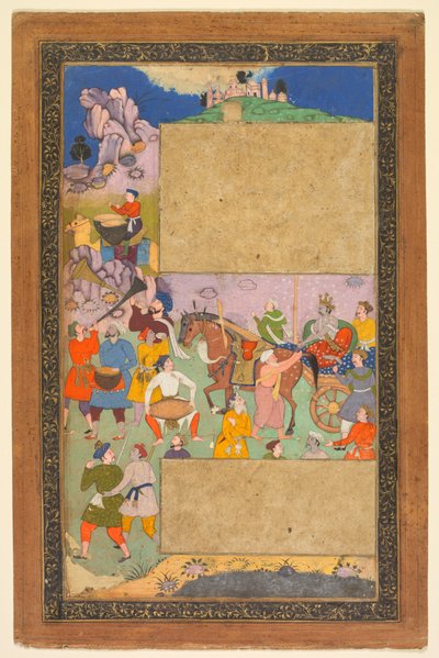 سائق عربة يركب عبر منظر طبيعي صخري مع حاشية من المشاة والموسيقيين ، صفحة من Razm-nama (كتاب الحروب) مقتبسة من اللغة السنسكريتية ماهابهاراتا وترجمها إلى الفارسية مير غياث الدين علي قزفيني ، المعروف باسم النقيب خان (الفارسية) بواسطة ينسب إلى يوسف علي