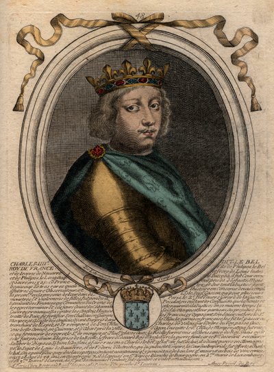 صورة شخصية لتشارلز الرابع بيل (1294-1328) ، ملك فرنسا - شارل الرابع "المعرض" (1294-1328) ملك فرنسا - نقش من "تمثيلات Les Augustes de tous les Kings de France من Pharamond إلى LouisXIV" ، باريس بواسطة دي لارميسين
