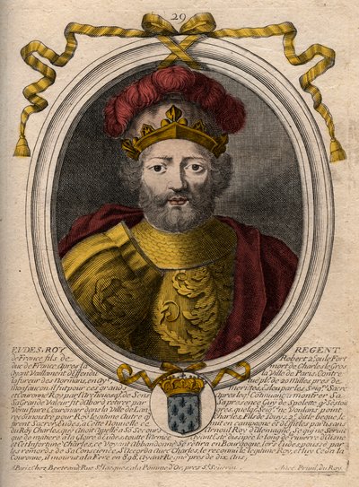 Portrait of Eudes (Odon) (v.860 - 898) ، كونت باريس وتروا ، ثم ملك فرنسا - انتخب كونت باريس من قبل EUDES للعرش الفرنسي بعد خلع تشارلز الإمبراطور - نقش من 'Les Augustes Representations de tous les ملوك فرنسا f بواسطة دي لارميسين