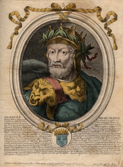 صورة لميروفي أو ميروفيتش ، ملك فرانك (v448-v458) ، أول ملك لسباق Merovingian - صورة Merovech (Meroveus) (d456) ملك Salian Franks - نقش من 'Les Augustes Representations de tous les Kings de France من Pharamond إلى Loui بواسطة دي لارميسين