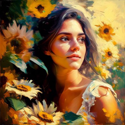 فتاة جميلة في الطبيعة محاطة بزهور عباد الشمس ، فن الرسم على الحائط | قماش يطبع بواسطة F. Abderrahim