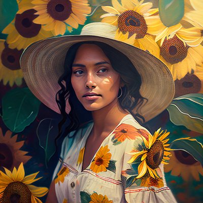 مجردة صورة فتاة مكسيكية جميلة وخلفية عباد الشمس، فن قماش قابل للطباعة بواسطة F. Abderrahim