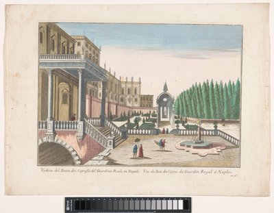 منظر لحديقة وقصر ملكي في نابولي Veduta del bosco dei cipressi del giardino reale في نابولي (العنوان على الكائن) بواسطة عائلة Remondini (منسوبة إلى)