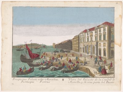 Gezicht op het Stadhuis en de Haven te Marseille منظر لقصر مدينة مرسيليا وجزء من الميناء (العنوان على الجسم) بواسطة مجهول