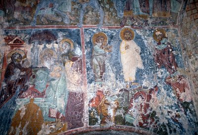 Christ and saints, fresco in Byzantine church of Sotiras Christos, Vlithias, Crete, Greece (photo) بواسطة أو Magno Cesare Magni