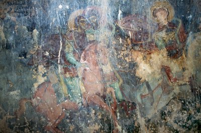 قديسين على ظهور الخيل ، لوحة جدارية في الكنيسة البيزنطية أجيوس أثاناسيوس ، كيفالي ، كريت ، اليونان (الصورة) بواسطة أو Magno Cesare Magni