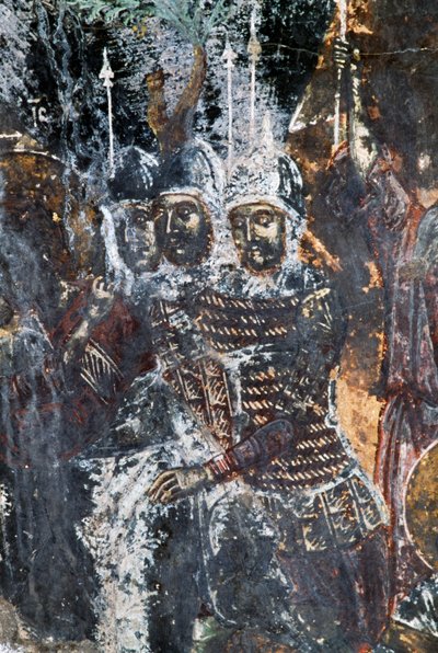 Soldier, damaged fresco on ceiling of church of Agios Vasileios, Vavouledo, Crete, Greece (photo) بواسطة أو Magno Cesare Magni