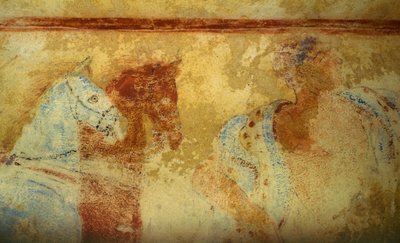 Funeral procession with horses and male figures, fresco, detail, Tomb of the Blue Demons, Necropolis of Tarquinia (UNESCO World Heritage List, 2004), Lazio, Italy. Etruscan civilization, 5th century BC (photo) بواسطة غير معروف غير معروف