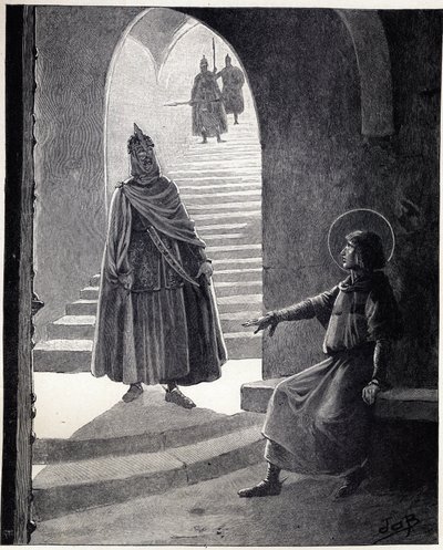 كن مسيحيا ، سأجعلك فارسًا كلمات لويس التاسع التي قالها سانت لويس (1214-1270) لرئيس الحنطة السوداء الذي دخل السجن ليجعل من نفسه فارسًا. رسم توضيحي لوظيفة (جاك ماري غاستون أونفراي وبريفيل) (جاك ماري) (1858-1931) لـ t بواسطة اسم مستعار لـ Onfray de Breville Jacques Job