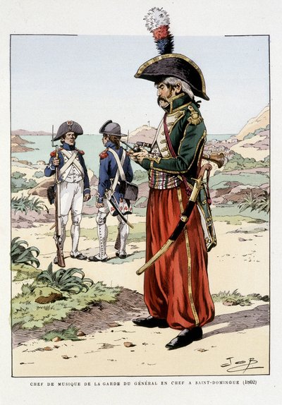 رئيس قسم الموسيقى في حرس القائد العام في سانت دومينغو عام 1802 - في "زي قوات فرنسا: جيش من البر والبحر في جميع الأوقات" ، مريض. بواسطة Job بواسطة اسم مستعار لـ Onfray de Breville Jacques Job