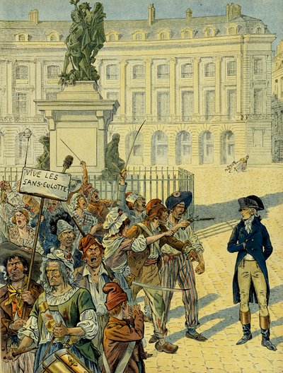 الثورة الفرنسية 1789: هدد نابليون الأول بونابرت (1769-1821) من قبل حشد من الملابس الداخلية (بدون سراويل) في 10 أغسطس 1792 بالقرب من تمثال لويس الرابع عشر (1638-1715) من قبل ديجاردان قبل الإطاحة به ، ساحة فيكتوار في باريس . توضيح بواسطة اسم مستعار لـ Onfray de Breville Jacques Job