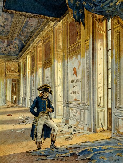 الثورة الفرنسية عام 1789: نابليون الأول بونابرت (1769-1821) في قاعة العرش بقصر التويلري بعد مرور الثوار الذين نهبوا المكان. يقول الجدار: "ألغي الملكوت". رسم توضيحي لجاك ماري غاستون أونفراي بواسطة pseudonym for Onfray de Breville Jacques Job