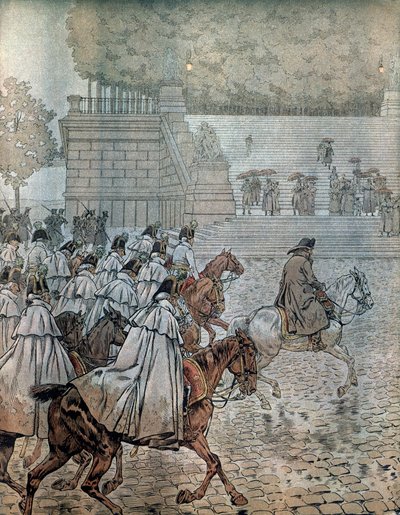 الحملة الألمانية عام 1813: عاد نابليون بونابرت (1769-1821) وأركانه العامة (هيئة الأركان) إلى دريسدن بعد فوزه في المعركة يومي 26 و 27 أغسطس. في "" نابليون "لجورج مونتورجيل. رسم توضيحي لجاك ماري غاستون أونفراي دي بريفيل ديت ج بواسطة اسم مستعار لـ Onfray de Breville Jacques Job