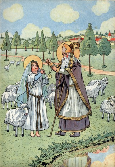 تاريخ فرنسا. مشهد من حياة Sainte Genevieve مع الألعاب: يمر Eveque Saint Germain d'Auxerre (V.378-448) بالميدالية المتساقطة من السماء حول رقبة Sainte Genevieve (الآيات 423-512) ، الراعي الذي كان يرعى أغنامه في نانتير. في "Let's pla بواسطة اسم مستعار لـ Onfray de Breville Jacques Job