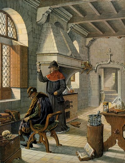 History of France in the Middle Ages (Middle Ages): Jacques Coictier, first doctor of the King of France Louis XI called the Prudent (1423-1483), preparing for him a remedy. Illustration by Jacques Marie Gaston Onfray de Breville dit JOB (1858-1931) بواسطة اسم مستعار لـ Onfray de Breville Jacques Job