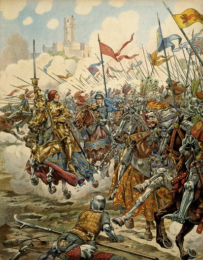 تاريخ فرنسا في العصور الوسطى (العصور الوسطى): أطلق الملك لويس الحادي عشر على الحكيم (1423-1483) على رأس جيشه خلال معركة مونتليري ضد دوري بيان بابليك ، 16 يوليو بواسطة اسم مستعار لـ Onfray de Breville Jacques Job