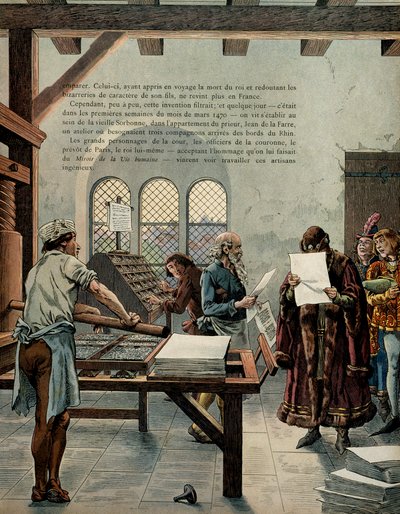 تاريخ فرنسا في العصور الوسطى (العصور الوسطى): شجع ملك فرنسا لويس الحادي عشر المسمى الحكيم (1423-1483) على نمو صناعة الطباعة. زار الملك السوربون في حضور مصممي الطباعة أولريش جيرنج (غيرينش أو غيرنيتش بواسطة اسم مستعار لـ Onfray de Breville Jacques Job