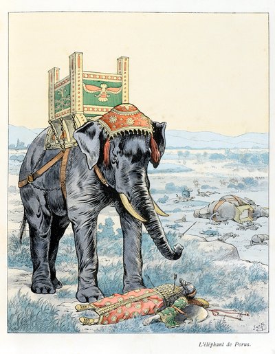 Illustration from the book “A la gloire des betes”” text by A Fabre, drawings by Jacques Marie Gaston Onfray de Breville dit JOB (1858-1931), publisher Maison Alfred Mame et fils: The elephant of Porus (At the Battle of Hydaspe in 328 BC Porus defeated by  بواسطة اسم مستعار لـ Onfray de Breville Jacques Job