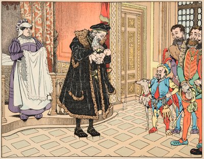رسم توضيحي من كتاب "Le bon roy Henri" ، الذي رسمه جاك ماري جاستون أونفراي دي بريفيل ديت جوب (1858-1931): ولادة هنري الرابع ، جده ، هنري دالبريت (1503-1555) يفرك شفتيه بقطعة فص ثوم - مجموعة خاصة بواسطة اسم مستعار لـ Onfray de Breville Jacques Job
