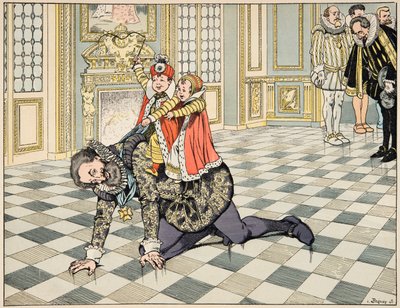 رسم توضيحي من كتاب "Le bon roy Henri" ، الذي رسمه جاك ماري جاستون أونفراي دي بريفيل ديت جوب (1858-1931): أمام السفير الإسباني ، يلعب هنري الرابع مع أطفاله - مجموعة خاصة بواسطة اسم مستعار لـ Onfray de Breville Jacques Job