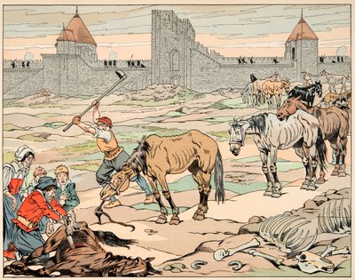 رسم توضيحي مأخوذ من كتاب "Le bon roy Henri" ، الذي رسمه جاك ماري جاستون أونفراي دي بريفيل ديت جوب (1858-1931): الباريسيون الجائعون يذبحون خيولهم - مجموعة خاصة بواسطة اسم مستعار لـ Onfray de Breville Jacques Job