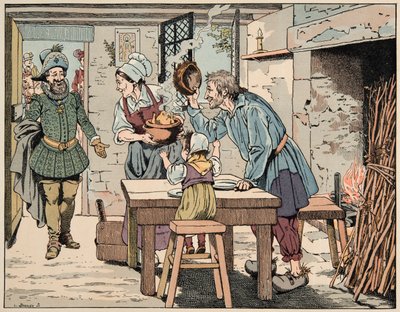 رسم توضيحي مأخوذ من كتاب "Le bon roy Henri" ، الذي رسمه جاك ماري جاستون أونفراي دي بريفيل ديت جوب (1858-1931): هنري الرابع في الفلاحين لتناول الدجاج في القدر - مجموعة خاصة بواسطة اسم مستعار لـ Onfray de Breville Jacques Job