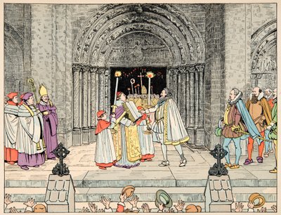 Illustration taken from the book “Le bon roy Henri”, illustrated by Jacques Marie Gaston Onfray de Breville dit JOB (1858-1931): Henri IV, Basilica Saint Denis abjure his religion and converts - Private collection بواسطة اسم مستعار لـ Onfray de Breville Jacques Job