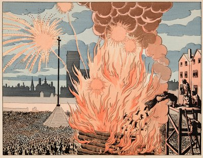 رسم توضيحي مأخوذ من كتاب "Le bon roy Henri" ، الذي رسمه جاك ماري جاستون أونفراي دي بريفيل ديت جوب (1858-1931): Fire de Joie place de Strike in Paris - Private Collection بواسطة اسم مستعار لـ Onfray de Breville Jacques Job