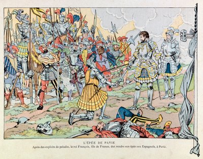 جاك ماري غاستون أونفراي دي بريفيل ديت جوب (1858-1931) ؛ رسم توضيحي من كتاب "Les epees de France": الملك فرانسوا الأول أعاد سيفه إلى الإسبان بعد هزيمة بافيا في 24 فبراير بواسطة اسم مستعار لـ Onfray de Breville Jacques Job