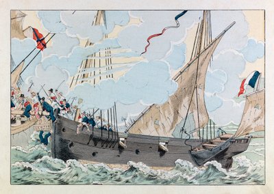 جاك ماري غاستون أونفراي دي بريفيل ديت جوب (1858-1931) ؛ رسم توضيحي من كتاب "Les epees de France": روبرت سوركوف (1773-1827) مع سفينته "" La Coquette "يهاجم السفينة الإنجليزية" "The Queen Mary" "؛ كول ، جزء بواسطة اسم مستعار لـ Onfray de Breville Jacques Job