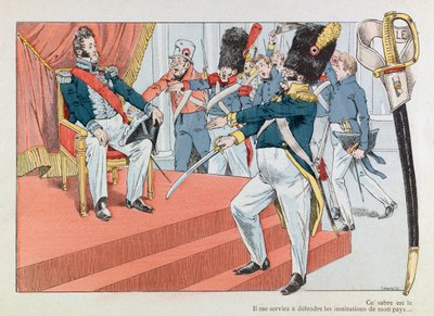 Jacques Marie Gaston Onfray de Breville dit JOB (1858 - 1931); Illustration taken from the book “” Les epees de France””: Louis Philippe (1773-1850) on the throne (Henri Monnier receiving the insignia of the National Guard “” This sabre is the most beautif بواسطة اسم مستعار لـ Onfray de Breville Jacques Job
