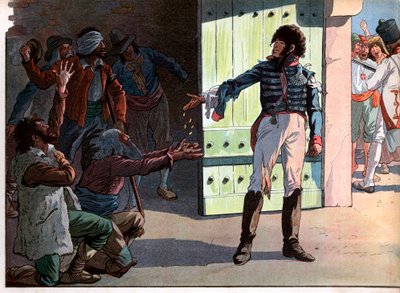 يواكيم مراد (1767-1815) ، ديشو ملك نابولي ، سجين في حصن ميناء بيزو وزع أمواله على قطاع الطرق الأسرى معه في عام 1815. نقش لجاك ماري غاستون أونفراي دي بريفيل ديت أيوب (1858-1931) بواسطة اسم مستعار لـ Onfray de Breville Jacques Job