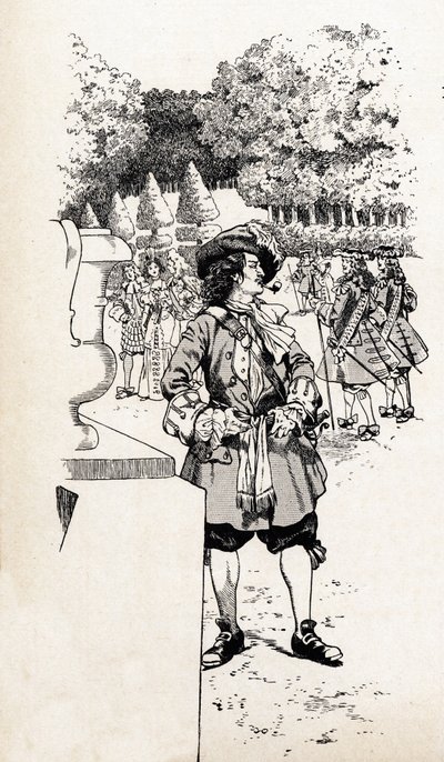 دعا الملك لويس الرابع عشر ملك فرنسا الملك سولاي (1638-1715) مع حاشيته في حدائق فرساي. رسم توضيحي لأيوب (جاك ماري غاستون أونفراي وبريفيل) (جاك ماري) (1858-1931) لكتاب "الكلمات التاريخية العظيمة لبلد فرنسا" بواسطة اسم مستعار لـ Onfray de Breville Jacques Job