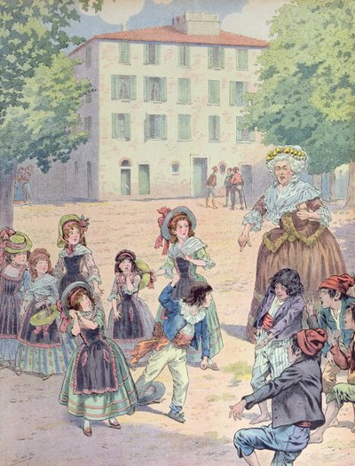 نابليون بونابرت (1769-1821) عندما كان طفلاً في نزاع مع رفاقه أمام منزله في أجاكسيو ، كورسيكا ، حوالي عام 1910 (لون ليثو) بواسطة اسم مستعار لـ Onfray de Breville Jacques Job