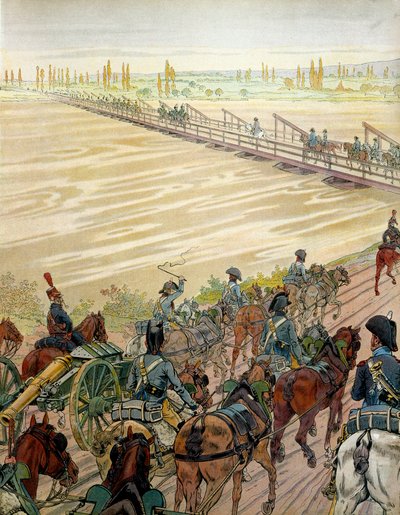 مر نابليون بونابرت (1769-1821) وجيشه على نهر الراين في 1 أكتوبر 1805. في "" نابليون "لجورج مونتورجيل. رسم توضيحي لجاك ماري غاستون أونفراي دي بريفيل Dit JOB (1858-1931) بواسطة اسم مستعار لـ Onfray de Breville Jacques Job