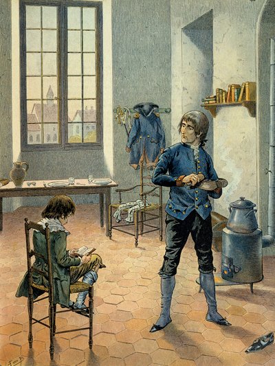 نابليون بونابرت (1769-1821) في حامية في أوكسون مع شقيقه لويس بونابرت (1778-1846) قرأ بين 1788 و 1789. رسم لجاك ماري غاستون أونفراي دي بريفيل ديت جوب (1858-1931) بواسطة اسم مستعار لـ Onfray de Breville Jacques Job