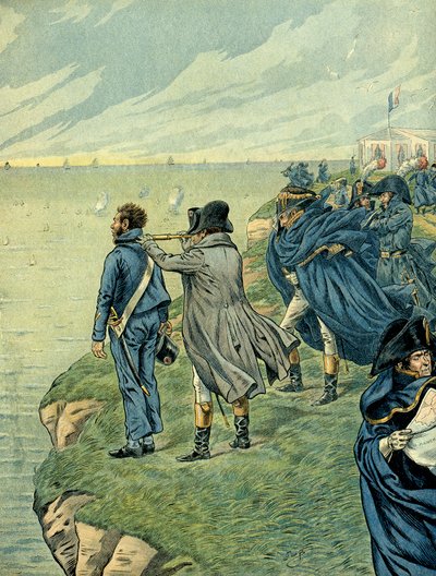 زار نابليون بونابرت (1769-1821) ترسانة معسكر بولوني في يوليو 1804. رسم رسم لجاك ماري جاستون أونفراي دي بريفيل ديت جوب (1858-1931). مجموعة خاصة بواسطة اسم مستعار لـ Onfray de Breville Jacques Job