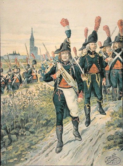 Pontoneers of Strasbourg في 1793 (نقش ملون) بواسطة اسم مستعار لـ Onfray de Breville Jacques Job