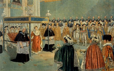 تمثيل مقدس نابليون الأول (1769-1821) في كاتدرائية نوتردام دي باريس 02/12/1804 رسم توضيحي لجاك ماري جاستون أونفراي دي بريفيل ديت جوب (1858-1931) بواسطة اسم مستعار لـ Onfray de Breville Jacques Job