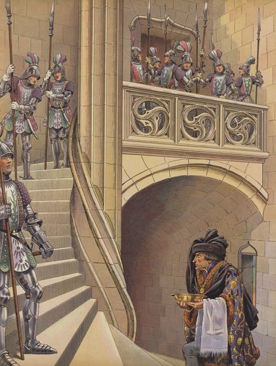 صعد الحلاق الدرج باتجاه حجرة الملك متجاوزا العديد من الحراس المسلحين (لون ليثو) بواسطة اسم مستعار لـ Onfray de Breville Jacques Job