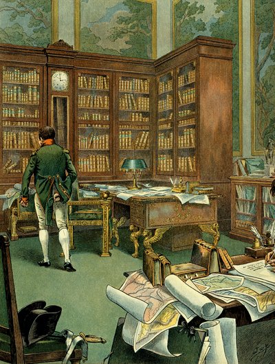 خزانة العمل لنابليون الأول بونابرت (1769-1821) في الطابق الأول من قصر التويلري عندما كان القنصل الأول. مكتب مع مكتبة وساعة من الخشب. رسم توضيحي لجاك ماري غاستون أونفراي دي بريفيل ديت جوب (1858-1931). شركة خاصة بواسطة اسم مستعار لـ Onfray de Breville Jacques Job