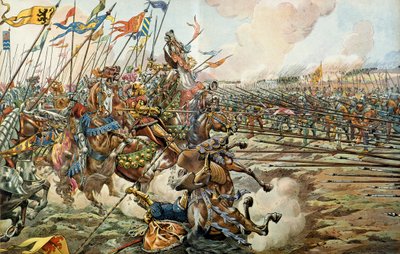 معركة الحفيد بين البورغنديين والسويسريين في Grandson ، سويسرا في 2 مارس 1476. رسم توضيحي لـ Jacques Marie Gaston Onfray de Breville dit JOB بواسطة اسم مستعار ل Onfray de Breville Job