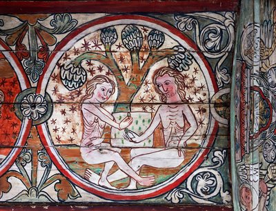 آدم وحواء في جنة عدن ، زخرفة من الستافكيركي ، النرويج (فريسكو) بواسطة المدرسة الاسكندنافية
