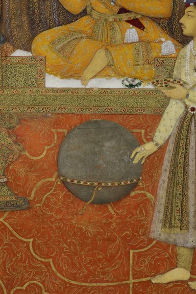 تفاصيل من الإمبراطور شاه جهان على عرش الطاووس ، 1640 (مرحاض غير شفاف وذهب على ورق) بواسطة ابن عقا رضا عابد